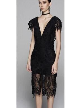 DEMKIW Tribal Black Lace Dress Midi Plunge V Neck Cocktail Party Size 6
